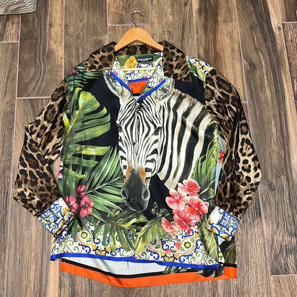 Dolce & Gabbana 100%silk animal zebra cheetah Italian tile print shirt RARE